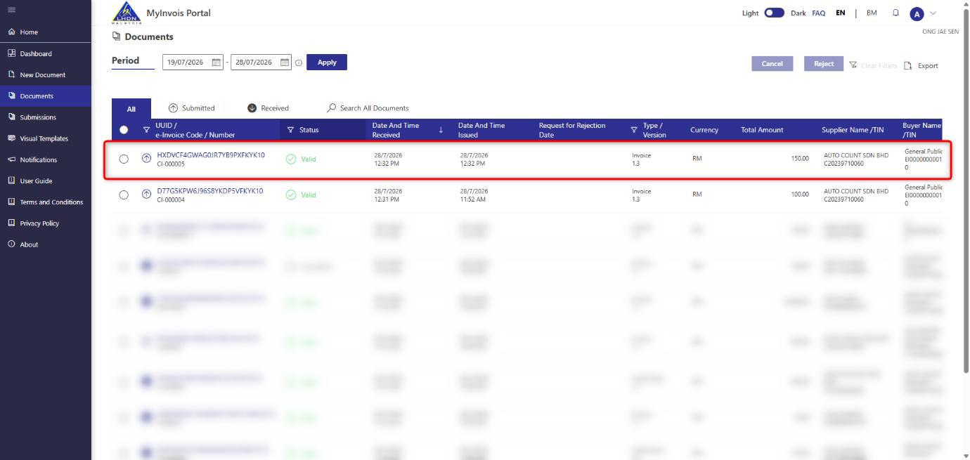 AutoCount e-Invoice SVDP tracking column in the transaction listing
