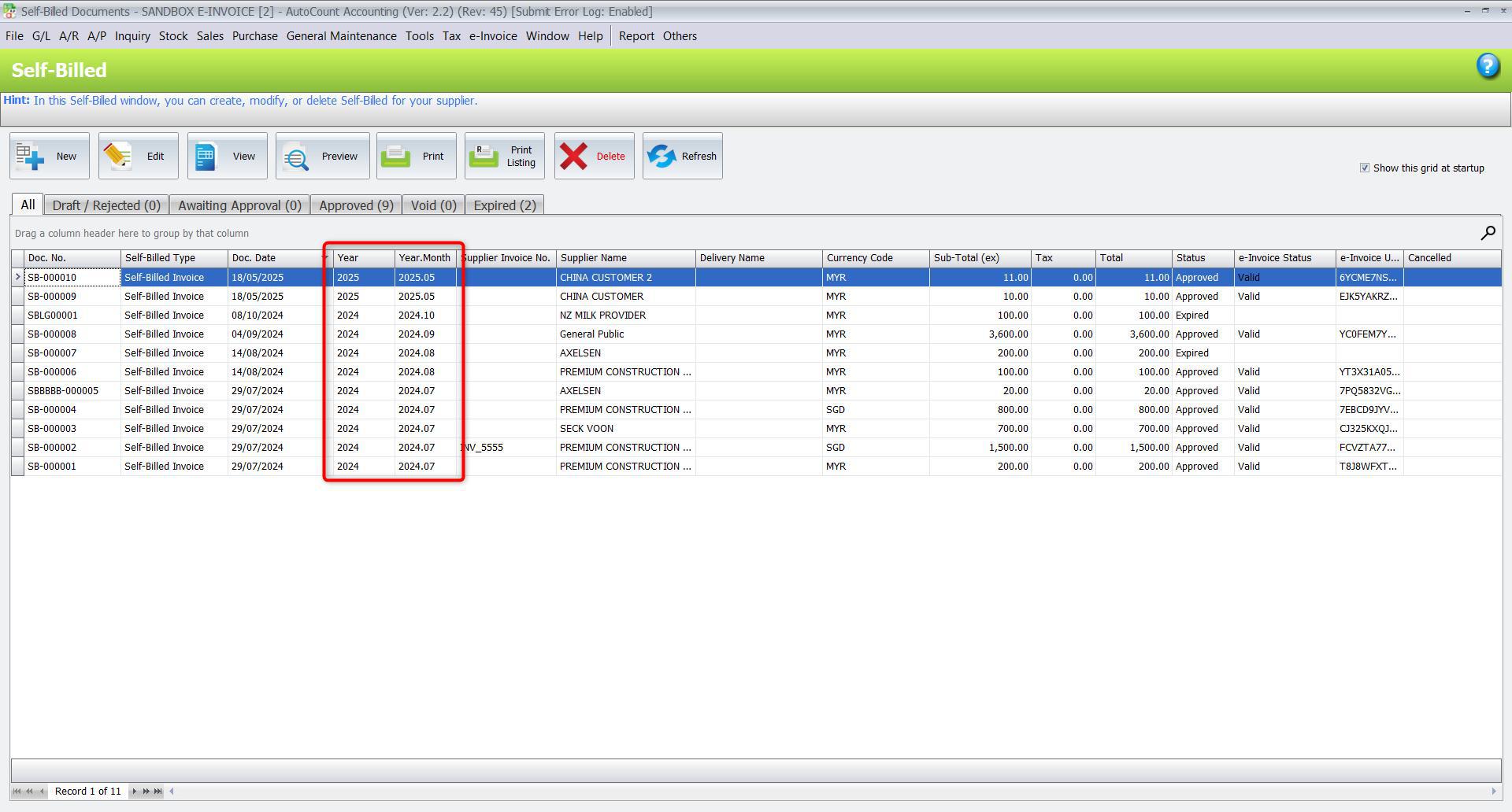 AutoCount Self-Billed Command Form showing the Year and Year.Month columns for filtering self-billed e-Invoice records.