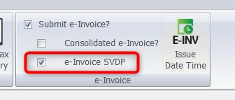 AutoCount transaction screen showing the e-Invoice SVDP checkbox under the Edit tab.