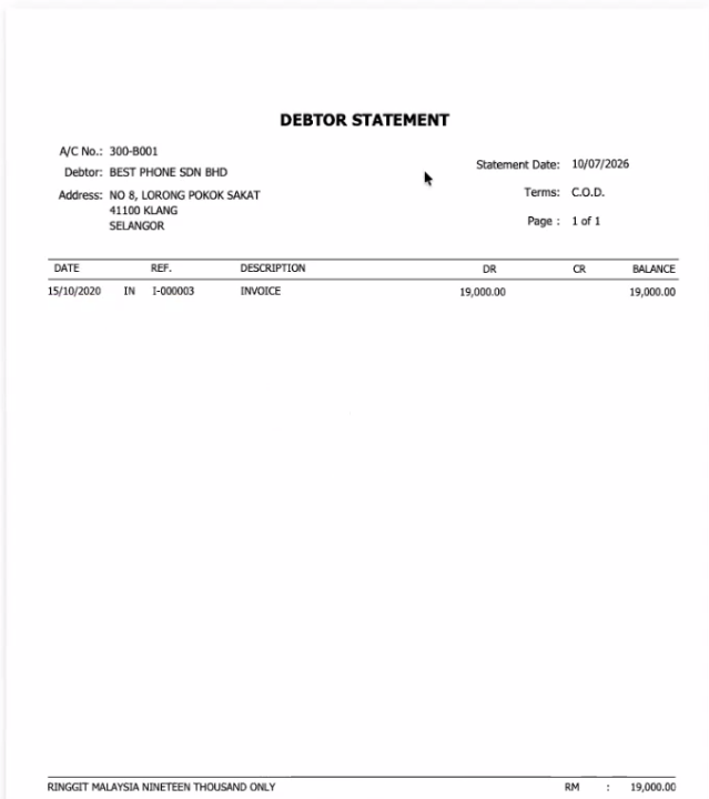 Debtor Statement downloaded from the B2B Ordering portal showing customer details, invoice transactions and outstanding balance