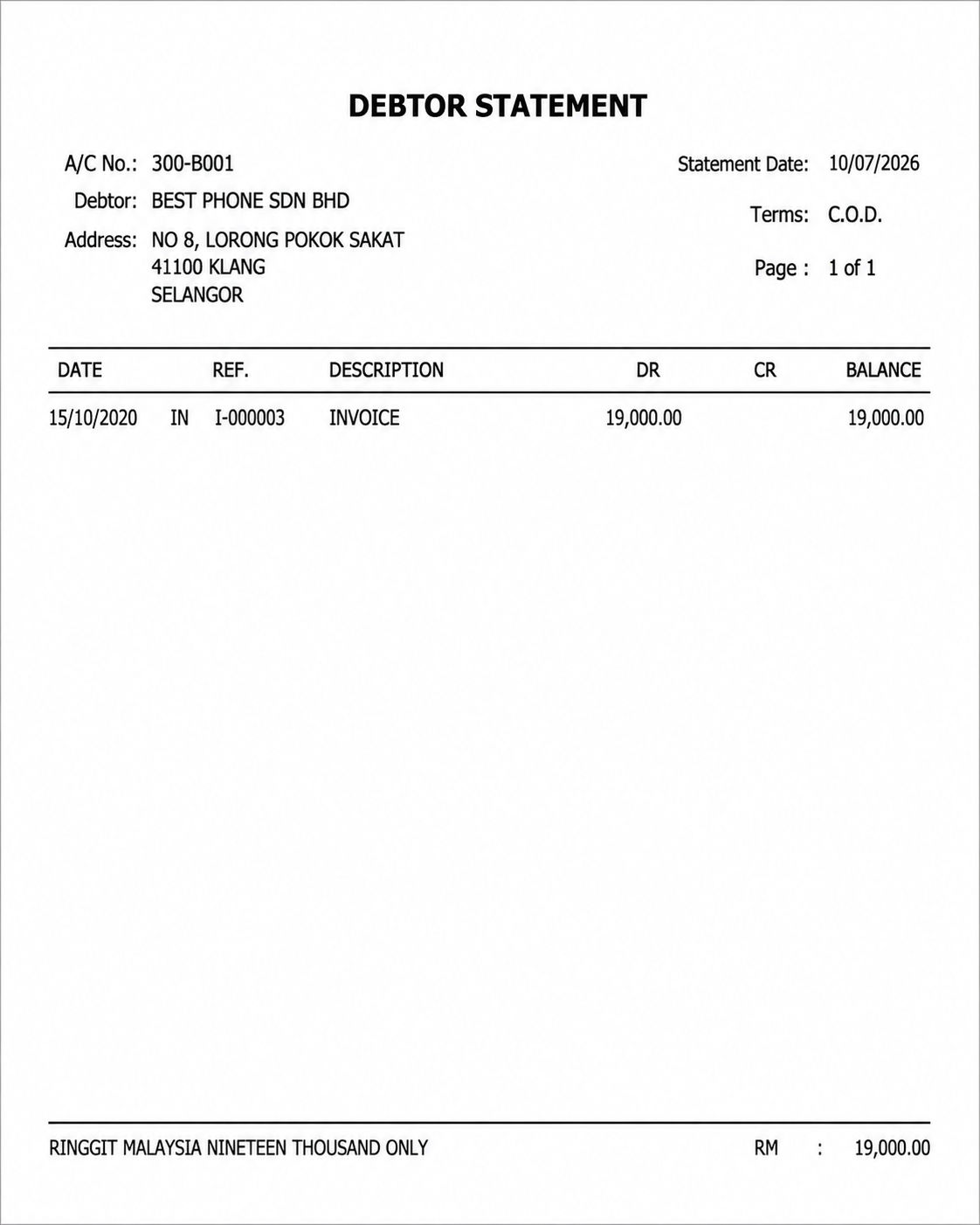 Debtor Statement downloaded from the B2B Ordering portal showing customer details, invoice transactions and outstanding balance