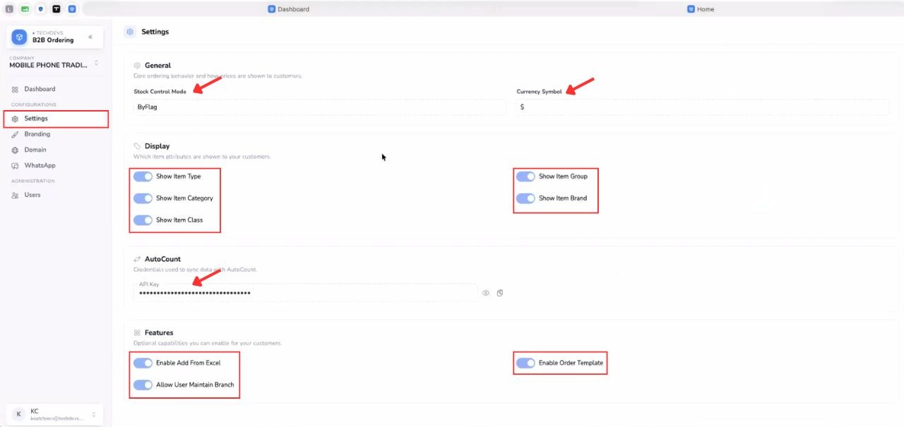 AutoCount B2B Ordering settings page for stock control, currency, item display, API connection and customer portal features.