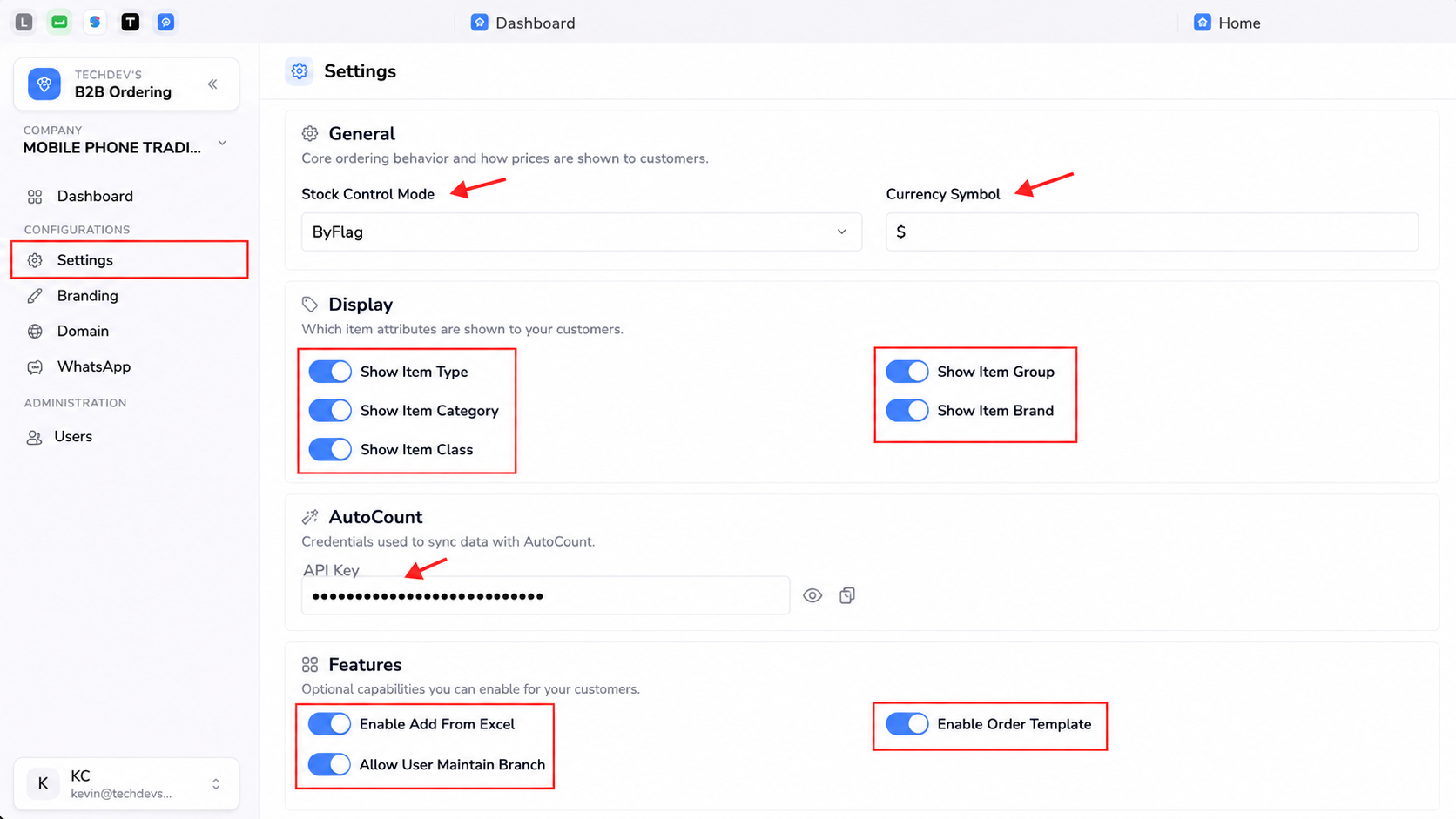 AutoCount B2B Ordering settings page for stock control, currency, item display, API connection and customer portal features.