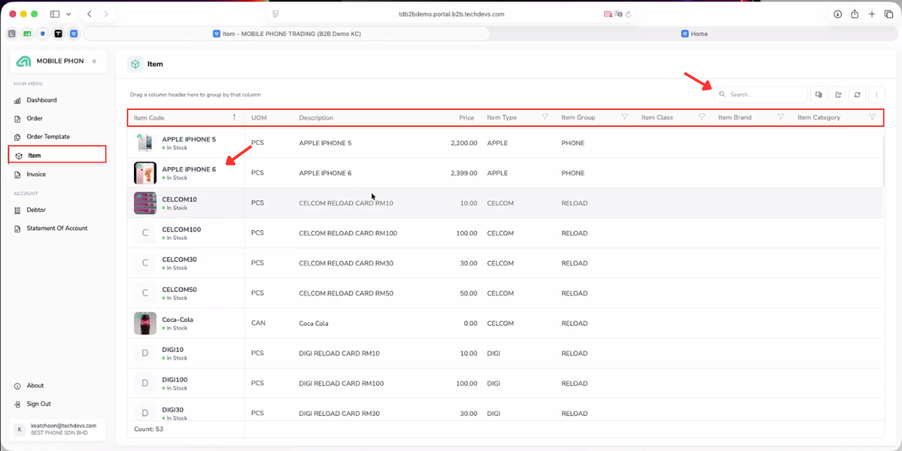 B2B Ordering item catalogue showing product images, item codes, UOM, descriptions, prices and product categories