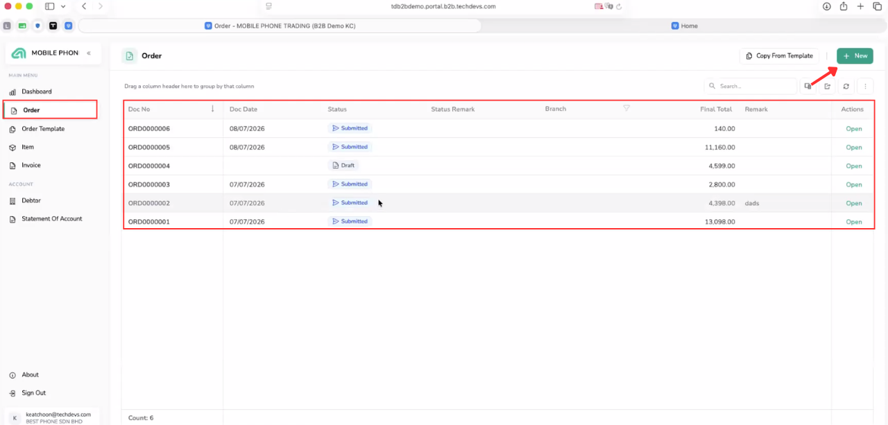 B2B Ordering Order page showing document numbers, dates, statuses and final totals