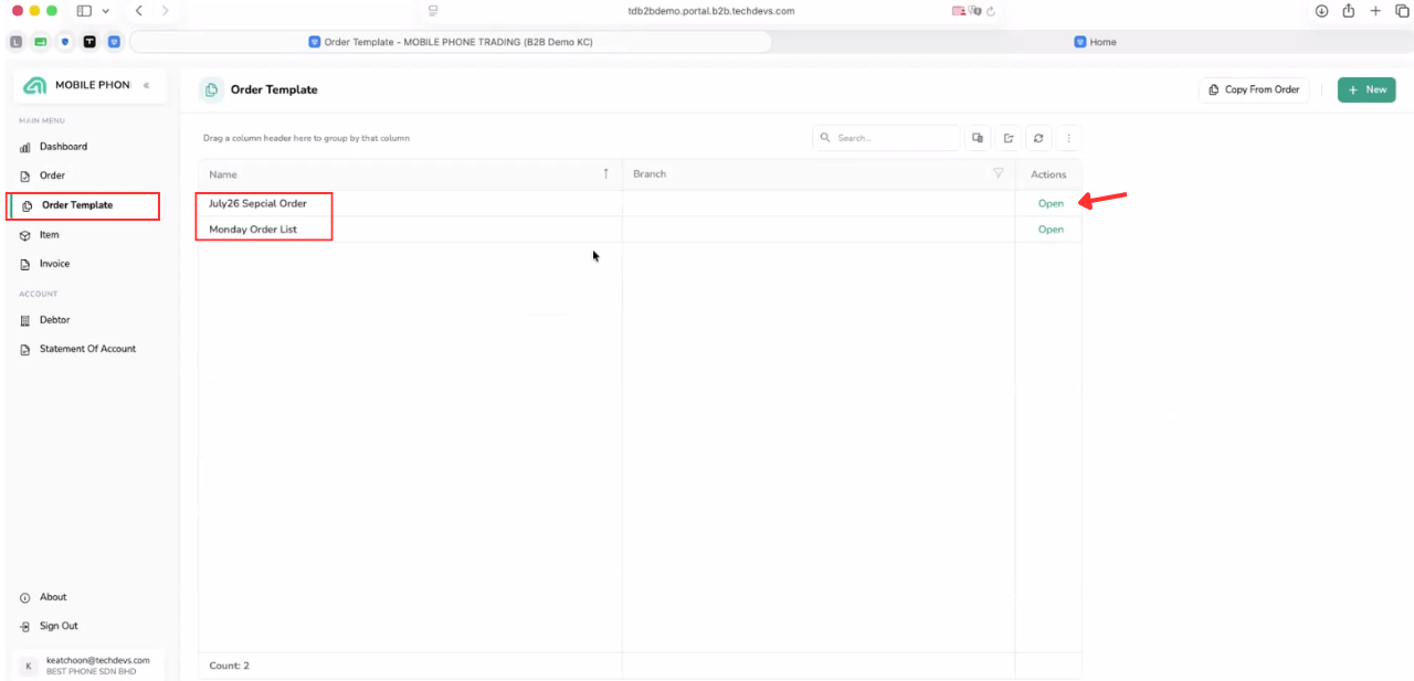 B2B Ordering Order Template page showing saved templates and available actions