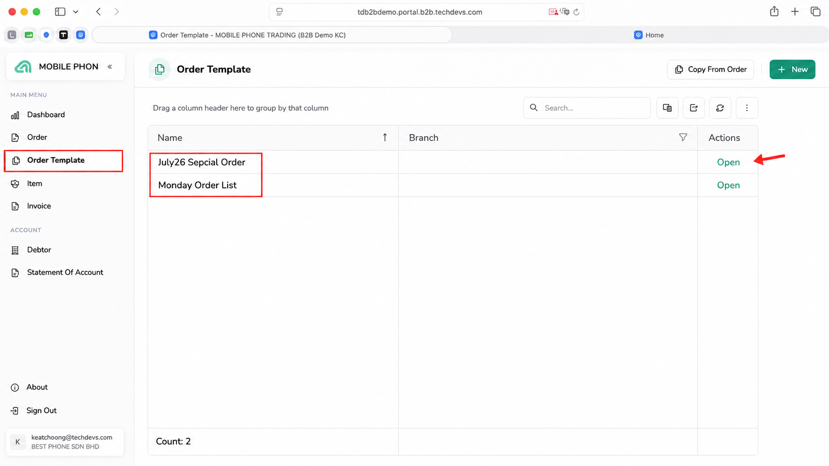 B2B Ordering Order Template page showing saved templates and available actions