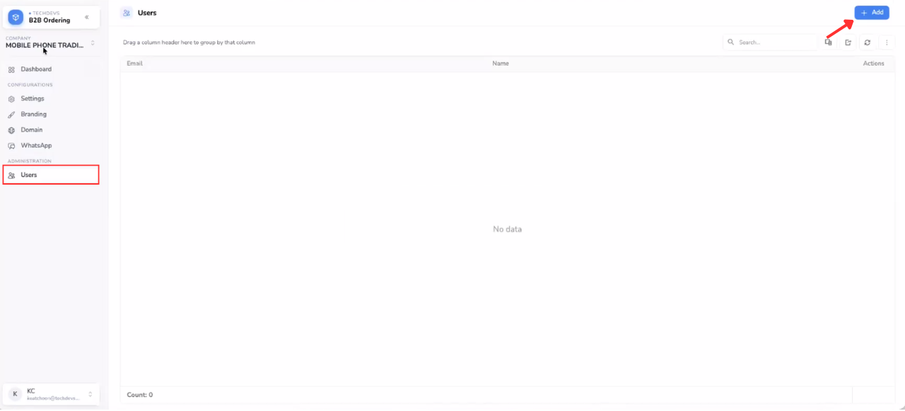 B2B Ordering Users page for viewing and maintaining authorised portal users