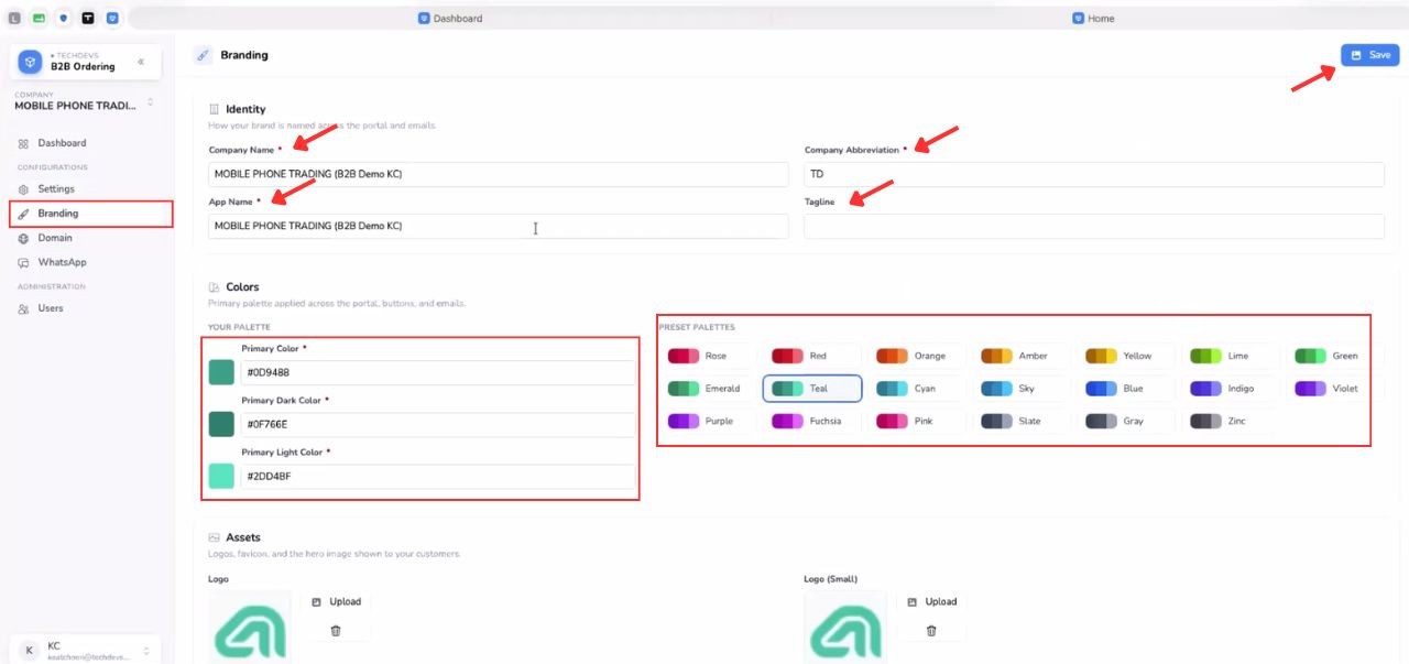 AutoCount B2B Ordering branding page for changing the company name, app name, tagline and portal colour palette