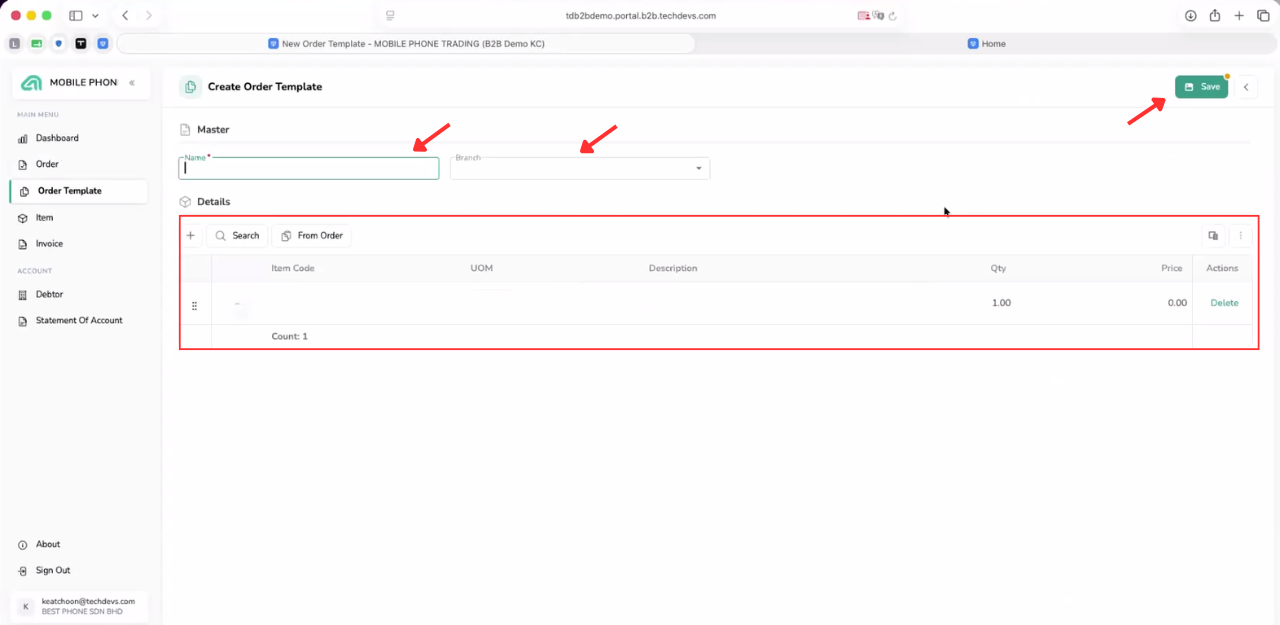 B2B Ordering Create Order Template page for entering a template name, branch and product details