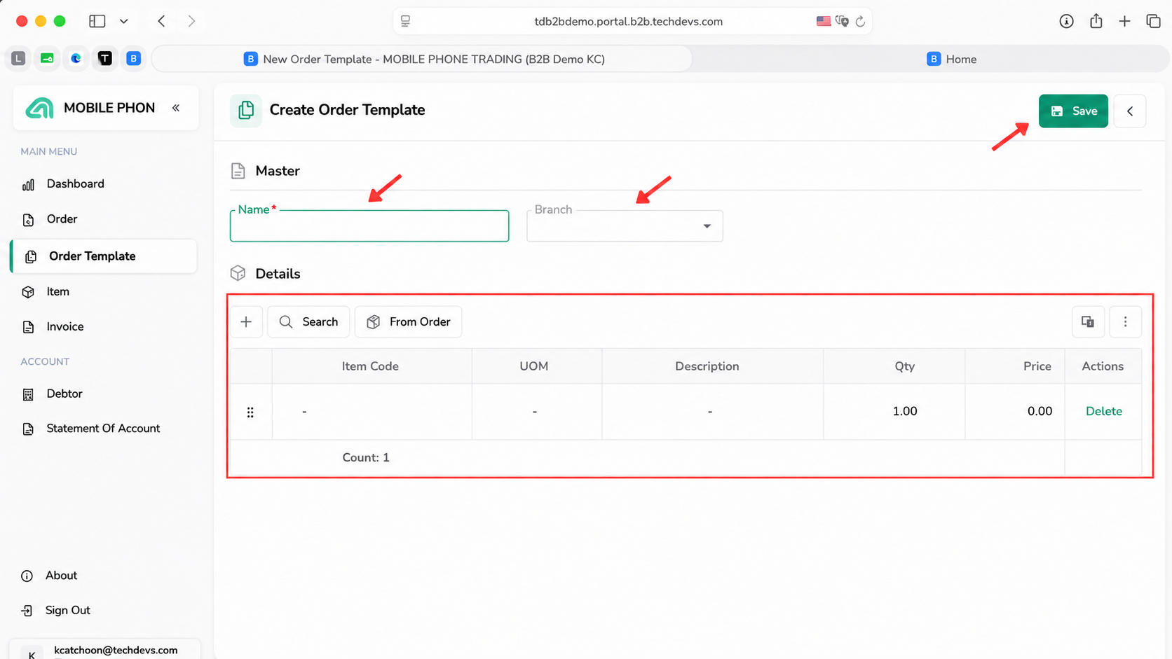 B2B Ordering Create Order Template page for entering a template name, branch and product details