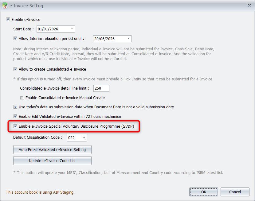 AutoCount e-Invoice settings showing the SVDP enable option