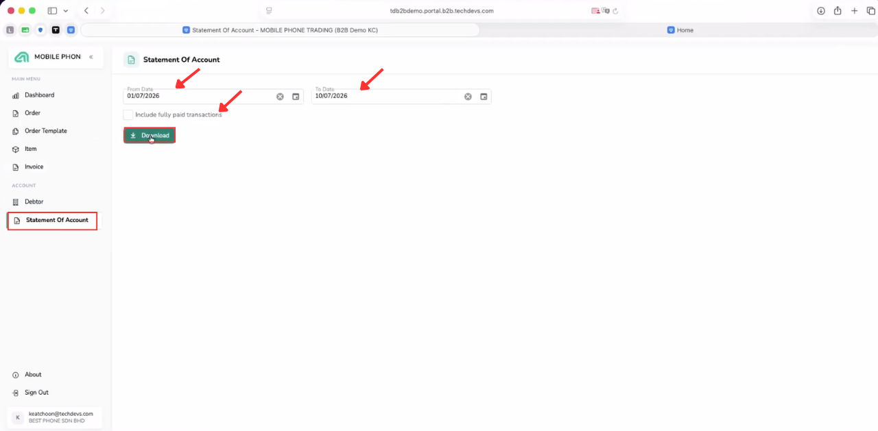 B2B Ordering Statement Of Account page with date filters and a Download button