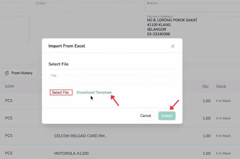 B2B Ordering Import From Excel window for selecting an order file or downloading the Excel template