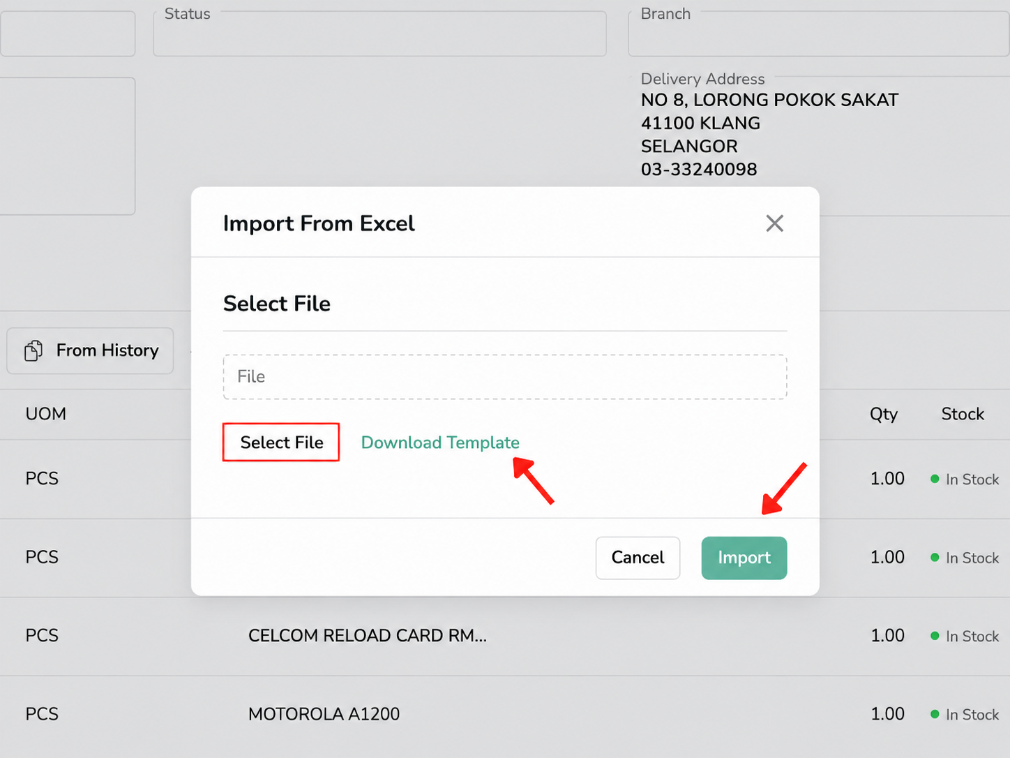 B2B Ordering Import From Excel window for selecting an order file or downloading the Excel template