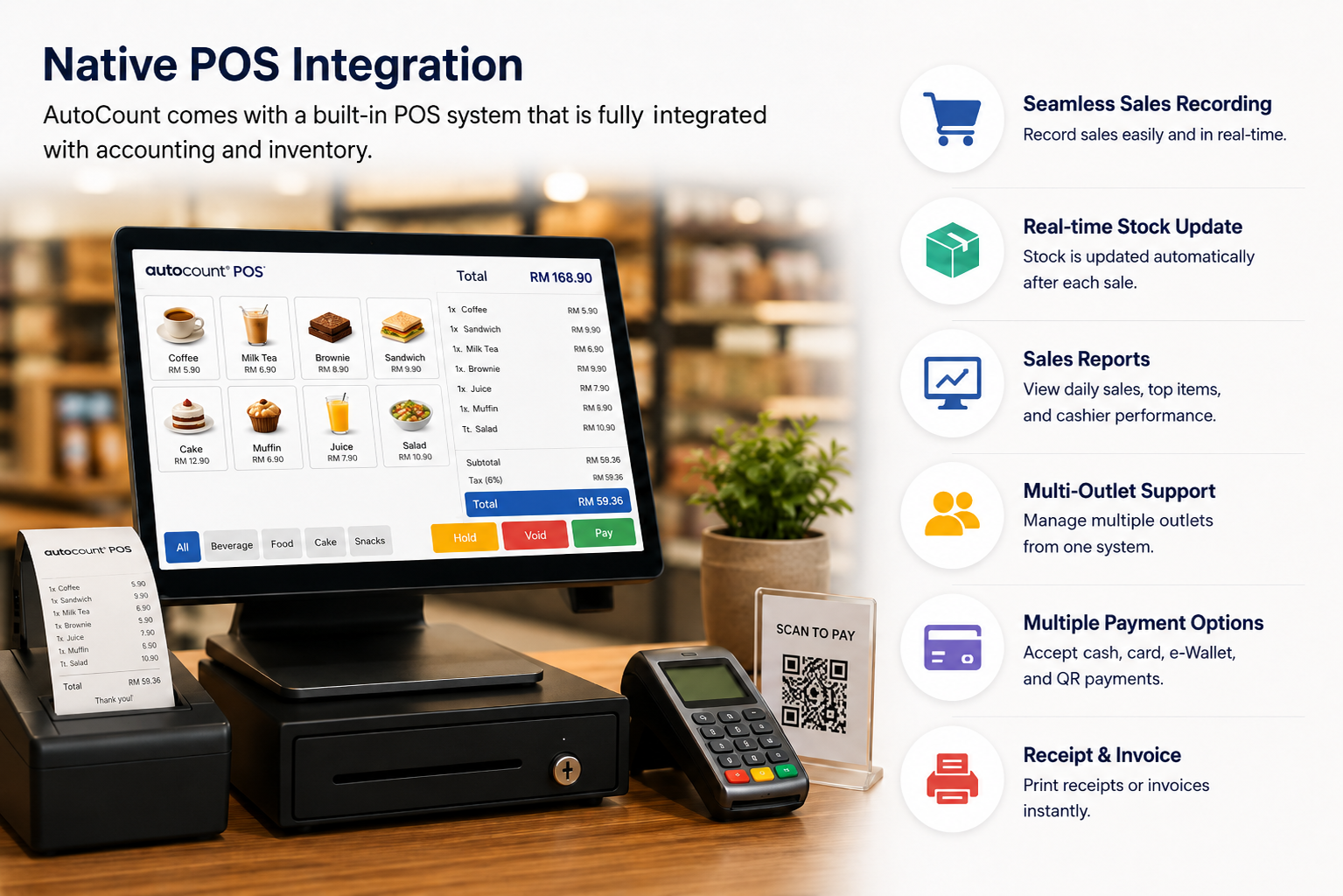 AutoCount POS integration for retail and F&B businesses with sales, inventory, payment, and reporting features