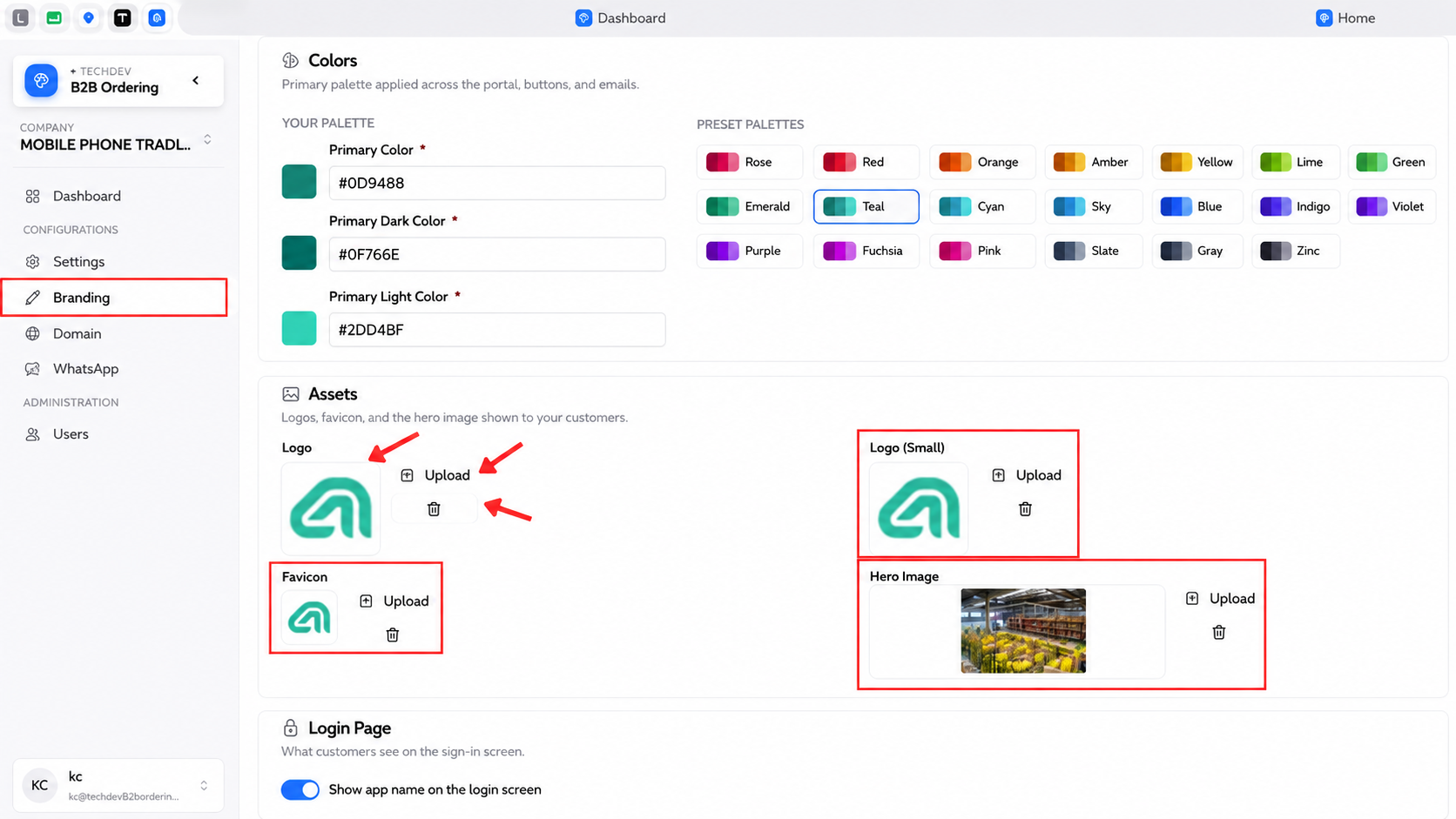 AutoCount B2B Ordering branding settings for uploading the main logo, small logo, favicon and customer portal hero image.