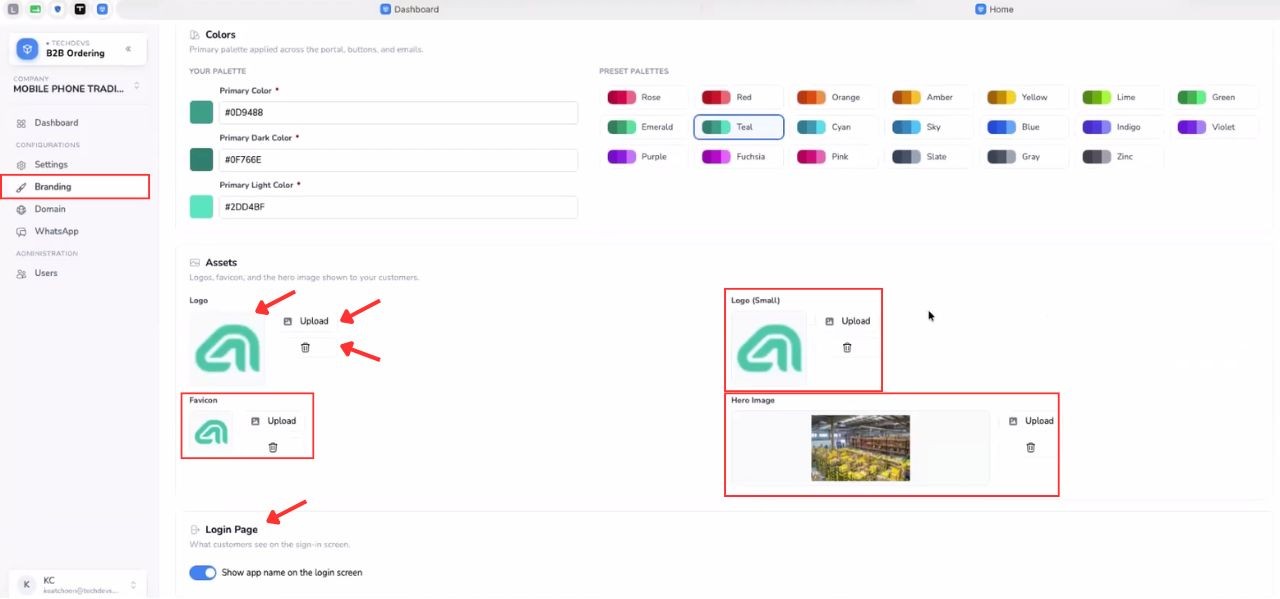 AutoCount B2B Ordering branding settings for uploading the main logo, small logo, favicon and customer portal hero image.