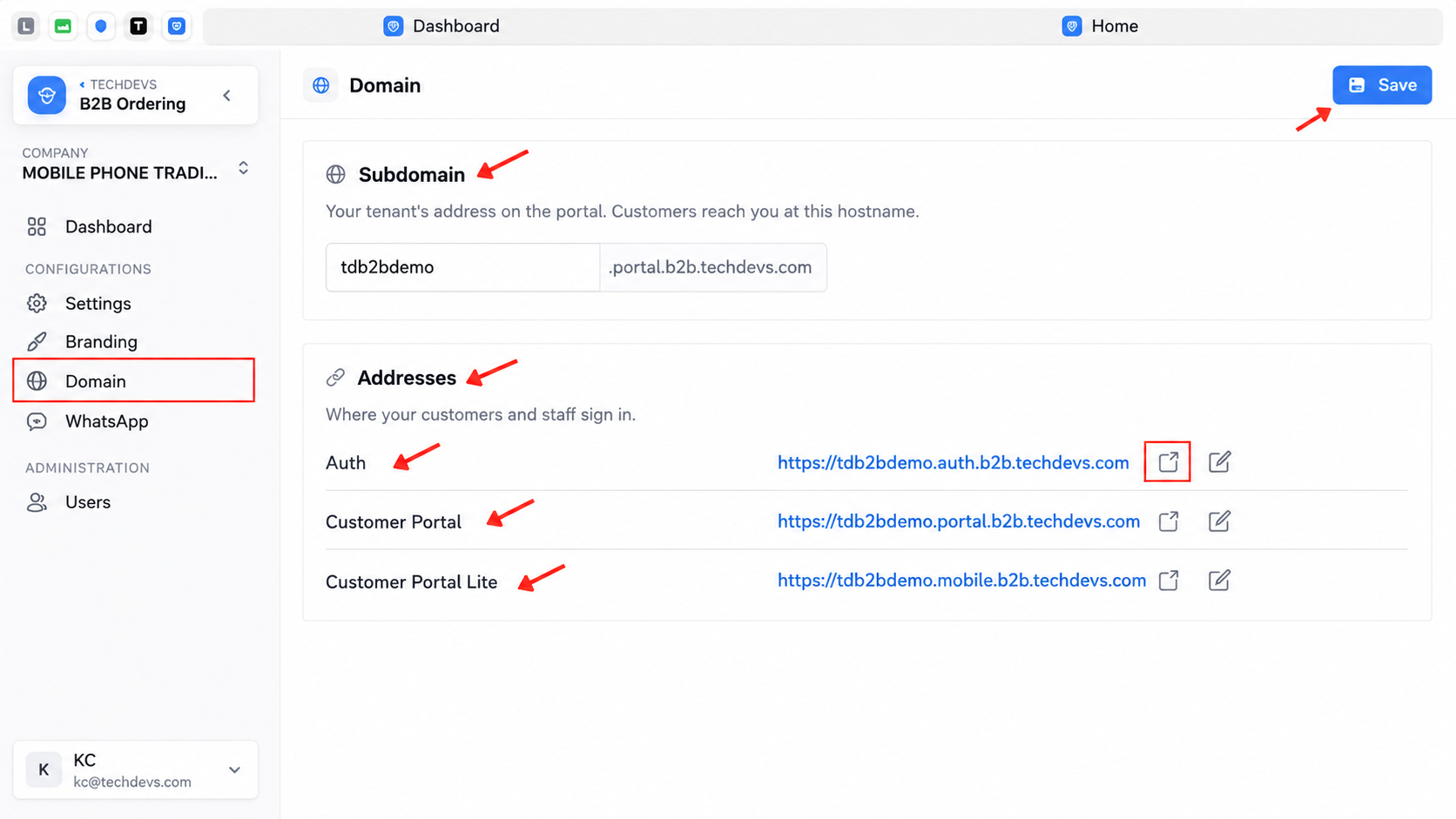 AutoCount B2B Ordering domain settings showing the customer subdomain and generated portal access addresses.