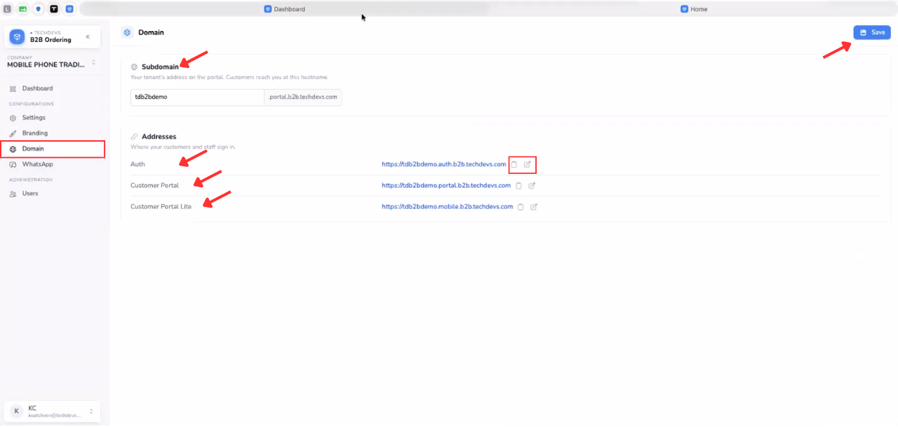 AutoCount B2B Ordering domain settings showing the customer subdomain and generated portal access addresses.