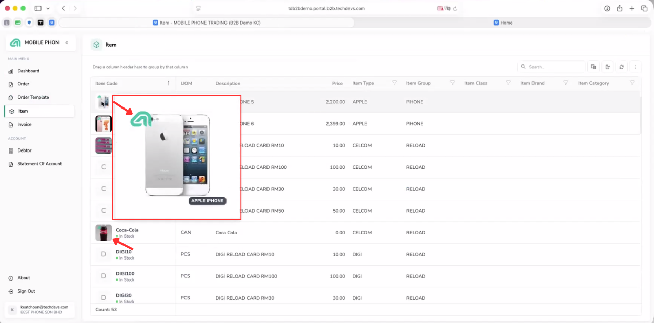 B2B Ordering Item page displaying an enlarged product image preview