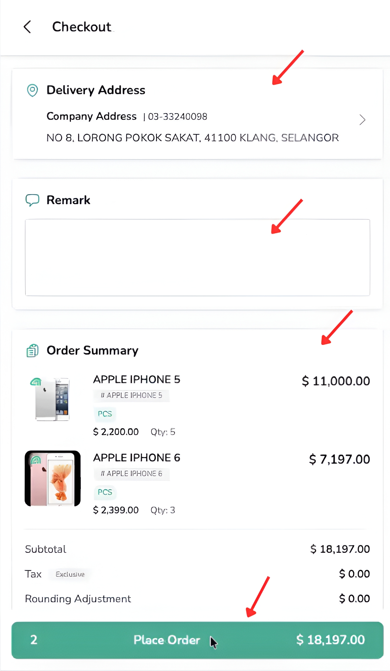 B2B Mobile Ordering checkout page showing the delivery address, remark field, order summary, total amount and Place Order button.