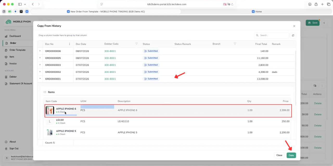 Expanded B2B Ordering order history showing item codes, descriptions, UOM, quantities and prices