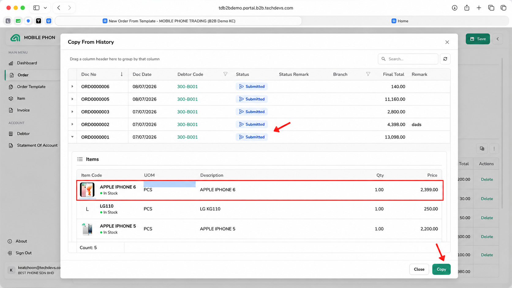 Expanded B2B Ordering order history showing item codes, descriptions, UOM, quantities and prices