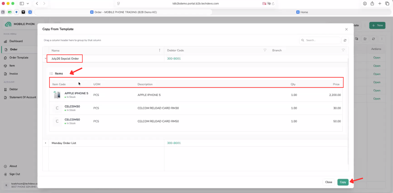 Expanded B2B Ordering order template showing item codes, UOM, descriptions, quantities and prices