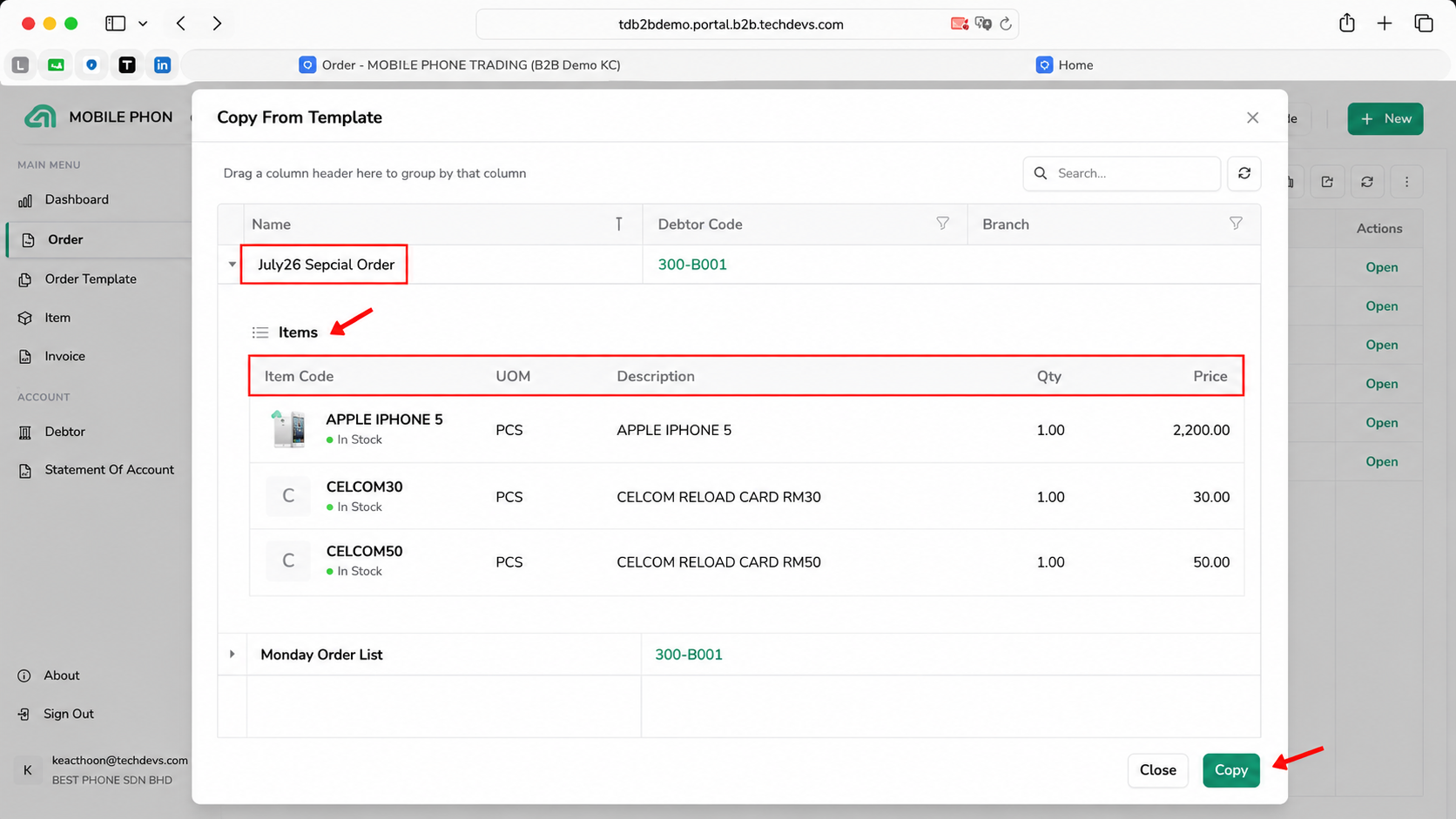 Expanded B2B Ordering order template showing item codes, UOM, descriptions, quantities and prices