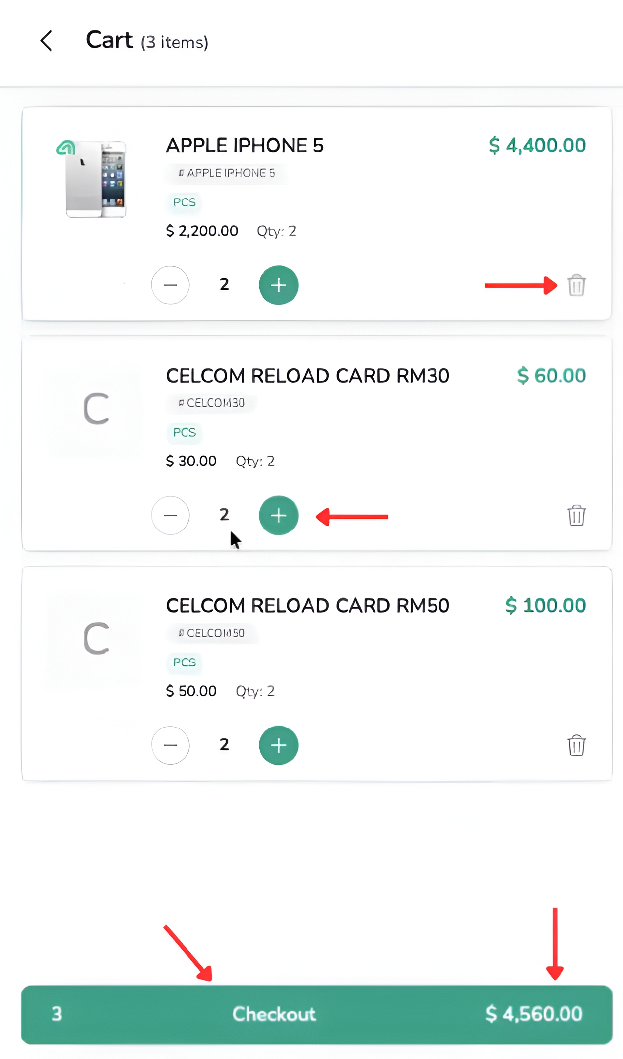 B2B Mobile Ordering cart showing three products, quantity controls, delete buttons, total amount and the Checkout button.