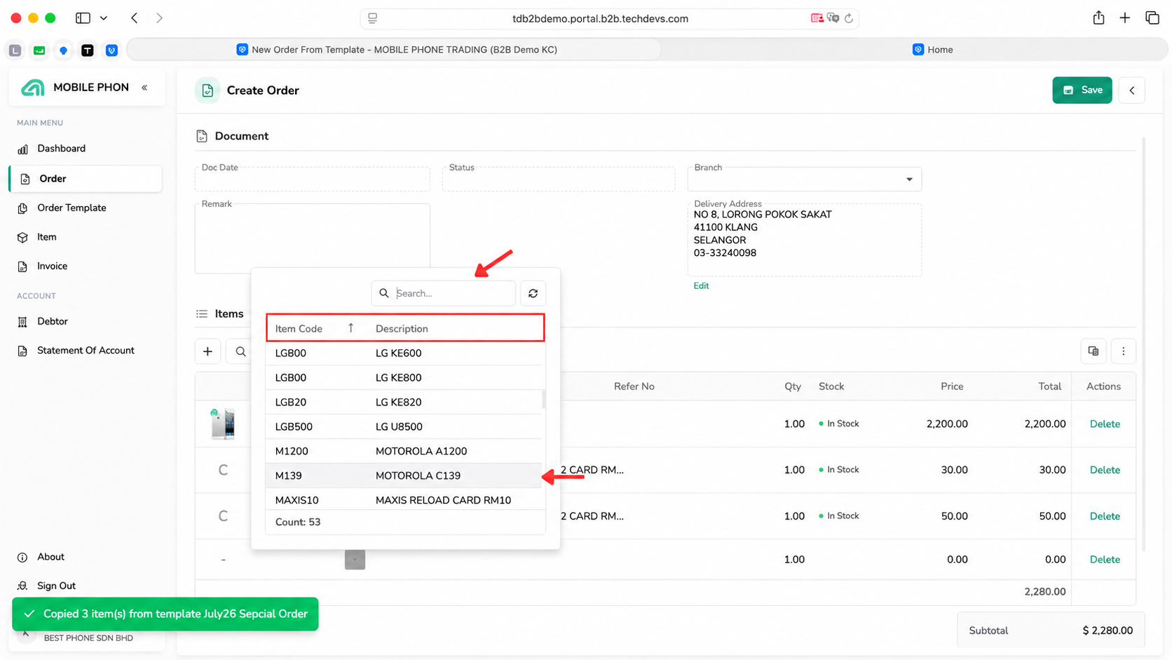 B2B Ordering item search window used to find and add products to an order