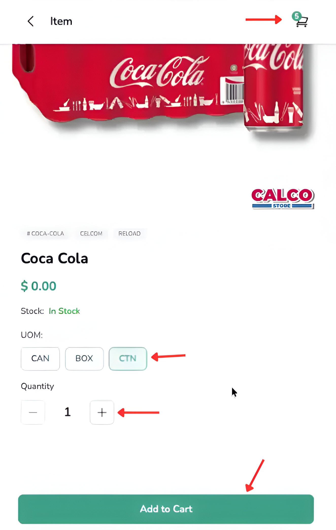 B2B Mobile Ordering product page for Coca Cola showing CAN, BOX and CTN unit-of-measure options with quantity controls.