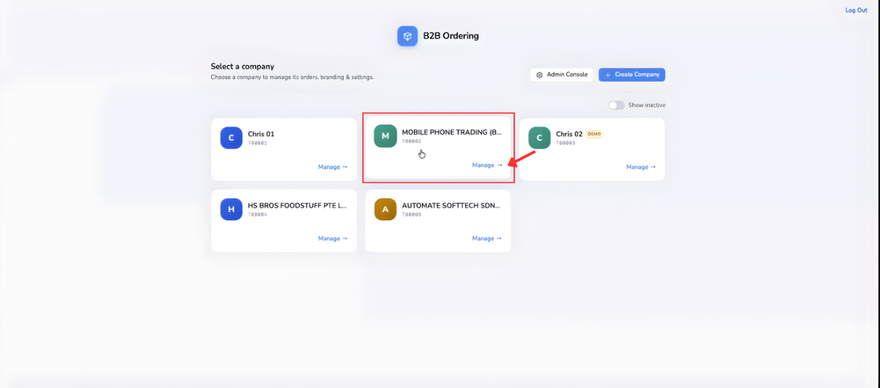B2B Ordering portal company selection page used to choose the company to manage