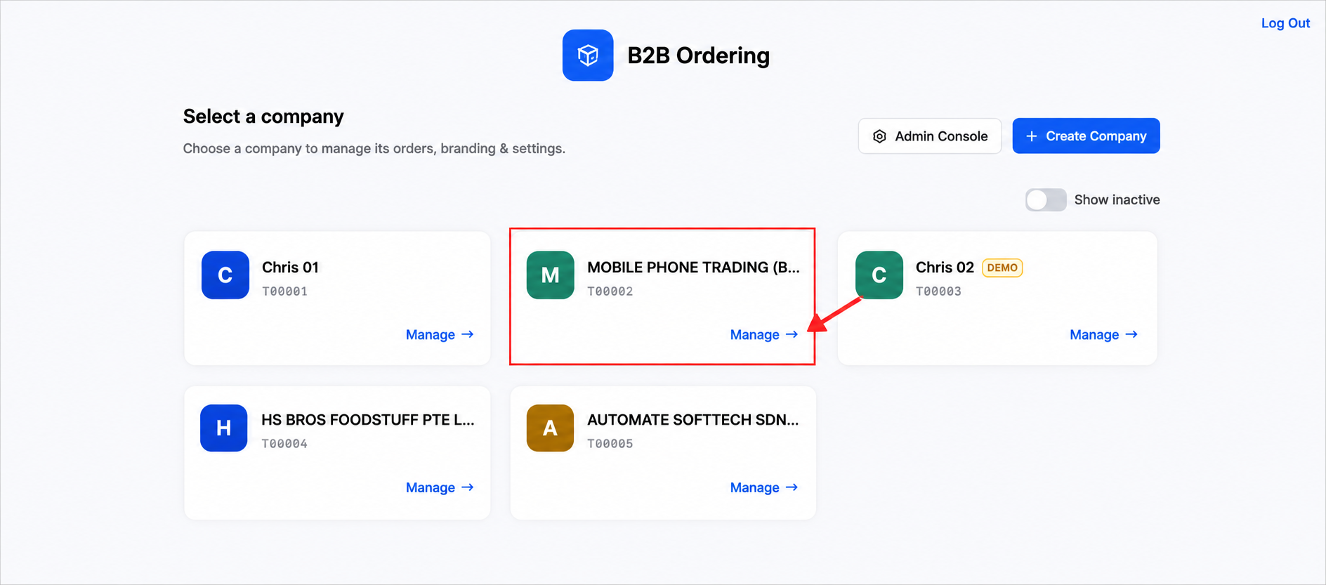 B2B Ordering portal company selection page used to choose the company to manage