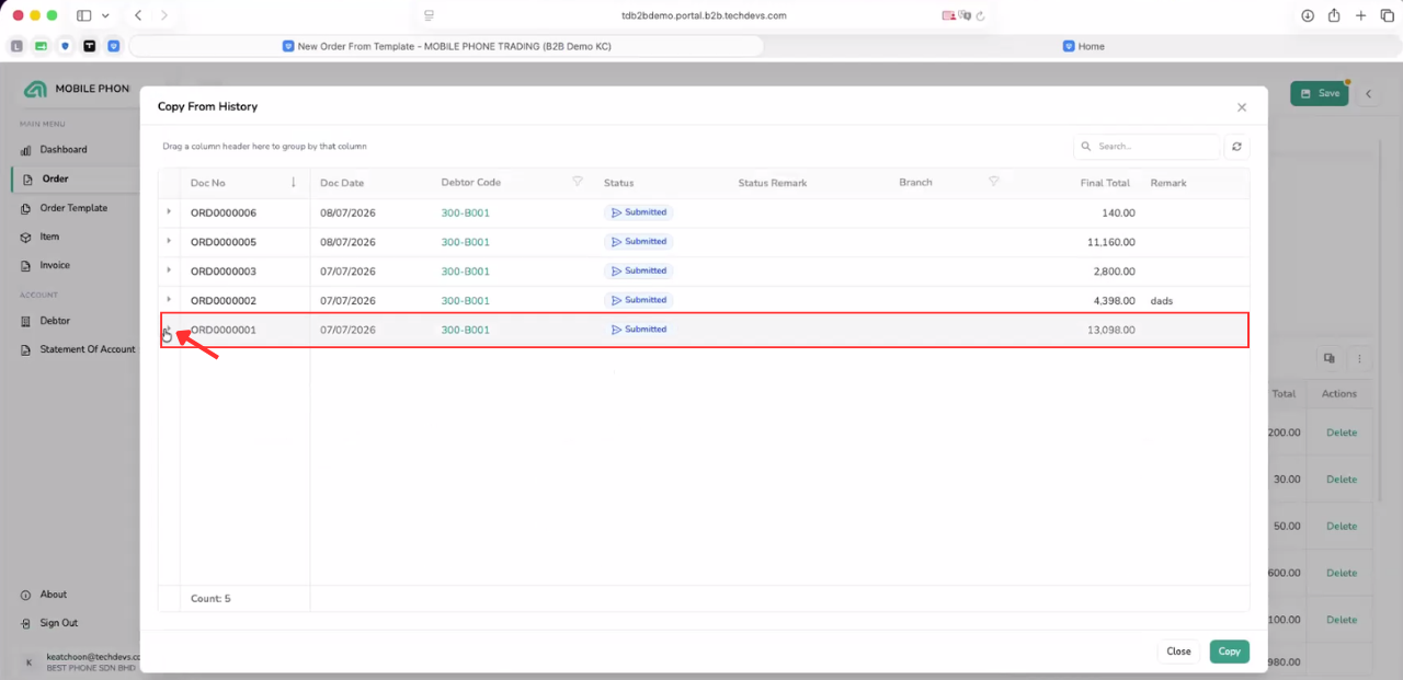 B2B Ordering Copy From History window listing previous submitted customer orders