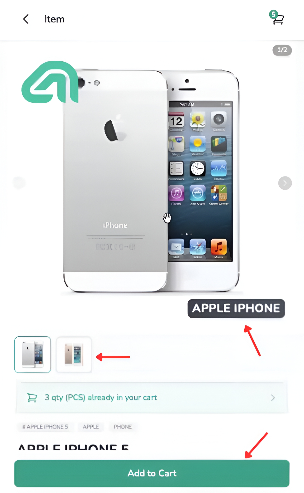 B2B Mobile Ordering product page for Apple iPhone 5 showing multiple image thumbnails and the Add to Cart button