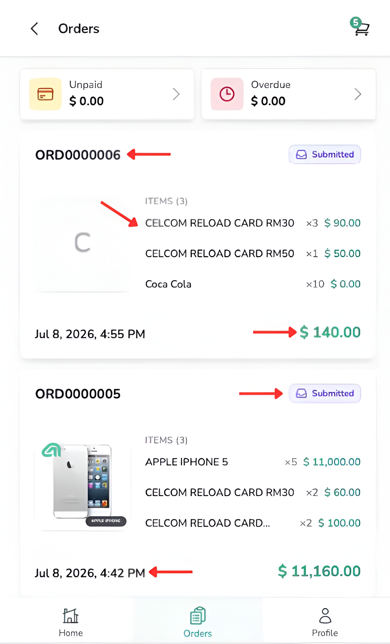 B2B Mobile Ordering Orders page showing submitted orders, item summaries, order dates and total amounts.