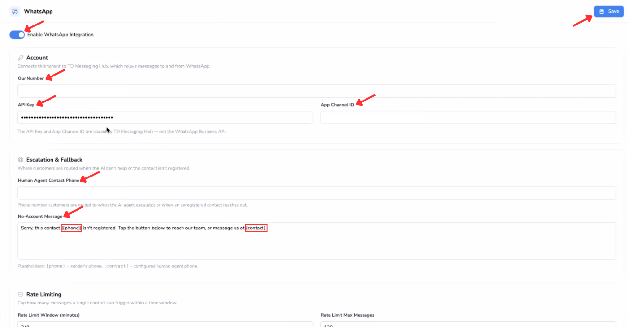 AutoCount B2B Ordering WhatsApp integration settings for the business number, API key and messaging channel ID.