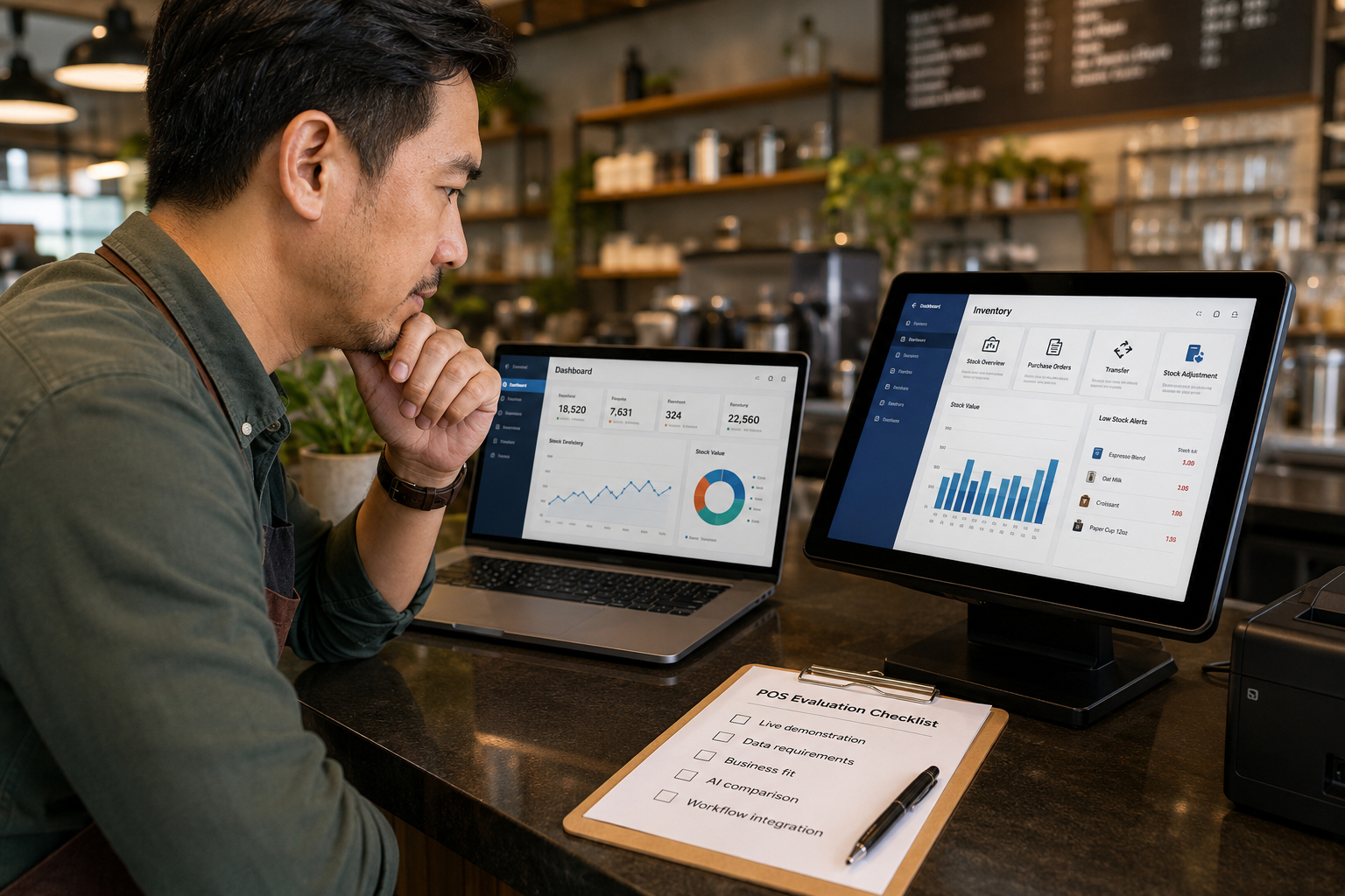 Malaysian business owner evaluating AI POS system features