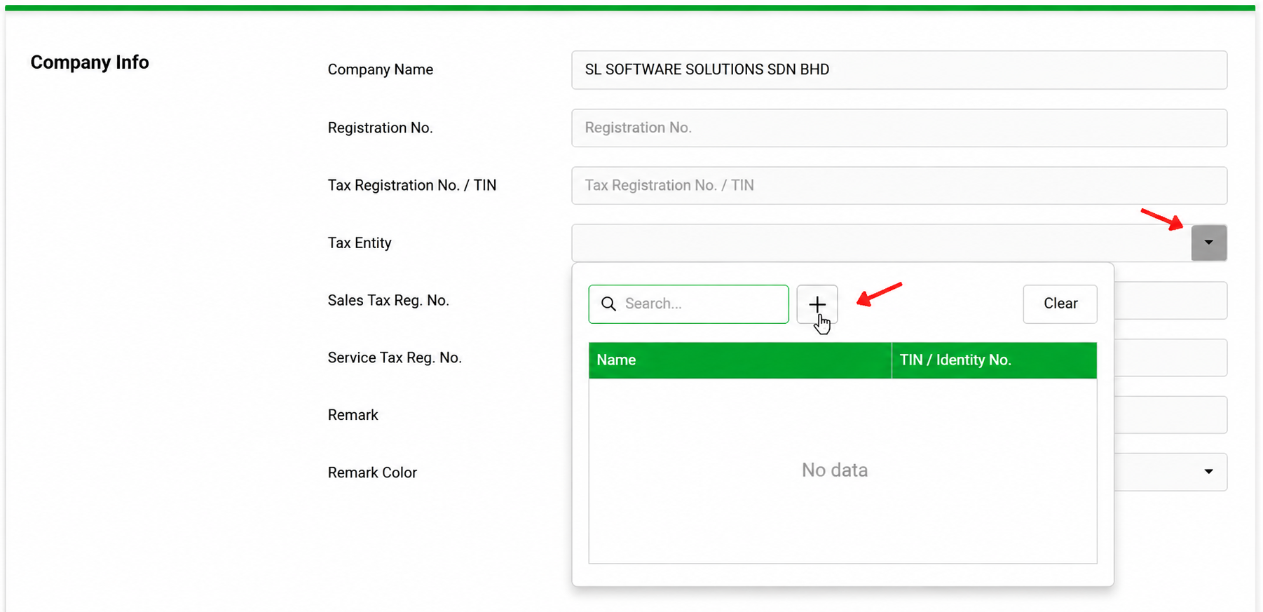 AutoCount Cloud Accounting Company Info page showing the Tax Entity dropdown and plus button to add a new tax entity