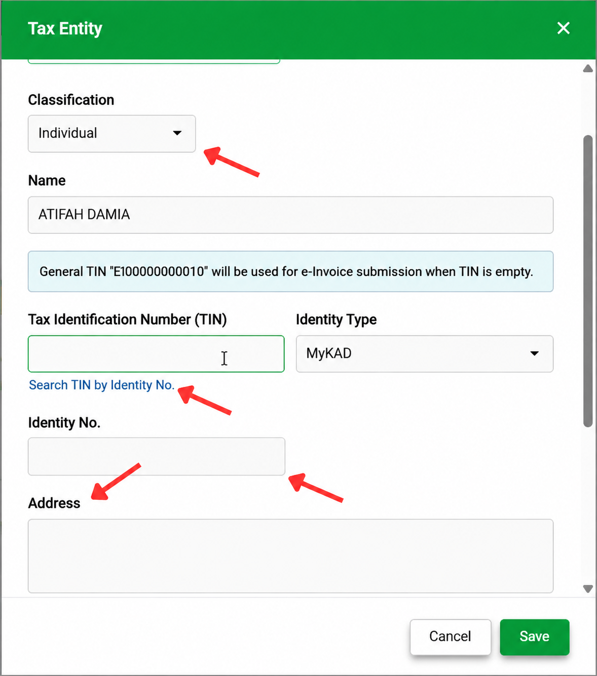 AutoCount Cloud Accounting Tax Entity form showing Individual classification, customer name, TIN search by identity number, identity type, identity number, address, and Save button