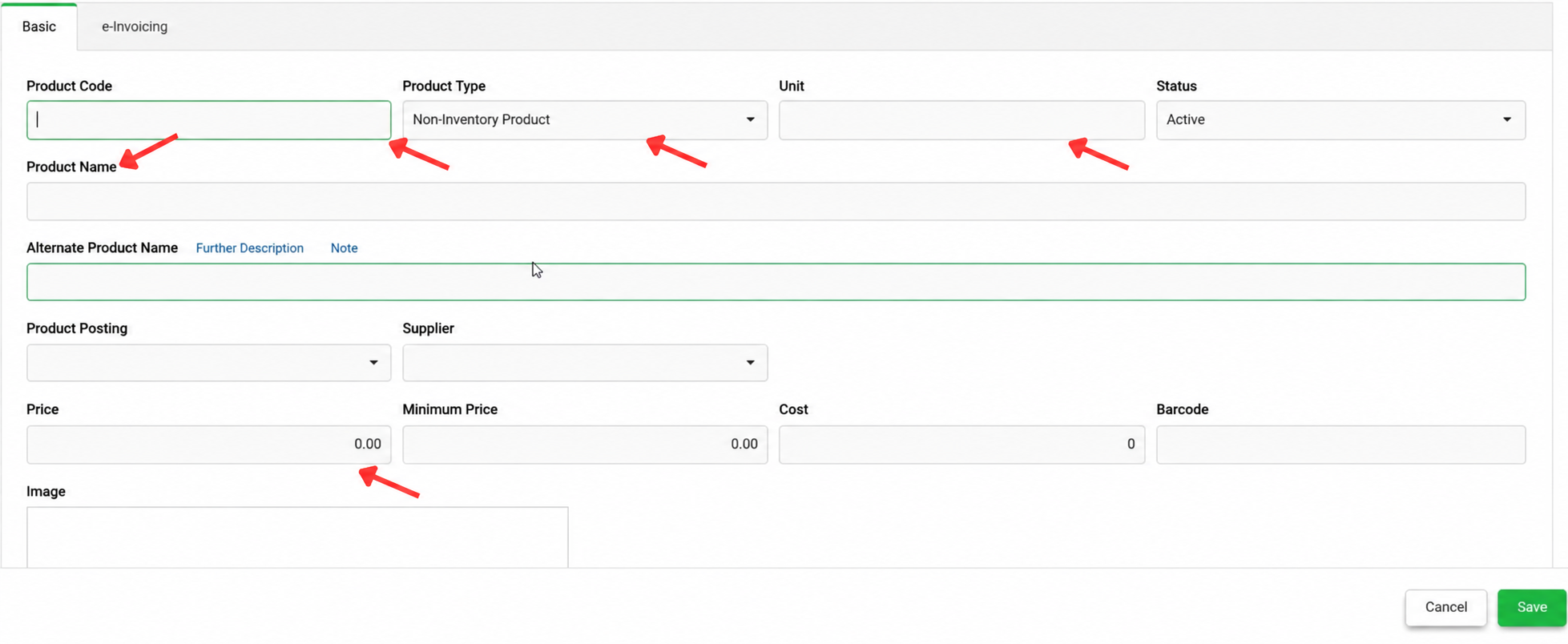 AutoCount Cloud Accounting product setup screen showing Product Code, Product Type, Unit, Product Name and Price fields