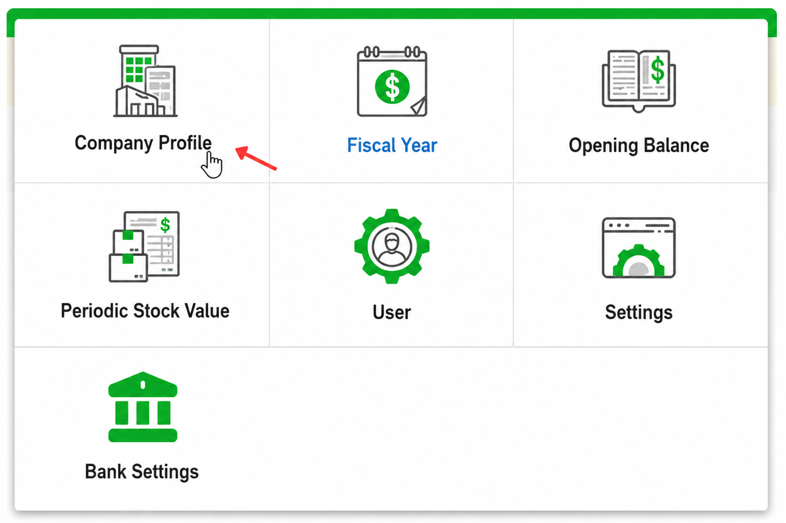 AutoCount Cloud Accounting settings menu showing Company Profile, Fiscal Year, Opening Balance, Periodic Stock Value, User, Settings, and Bank Settings options