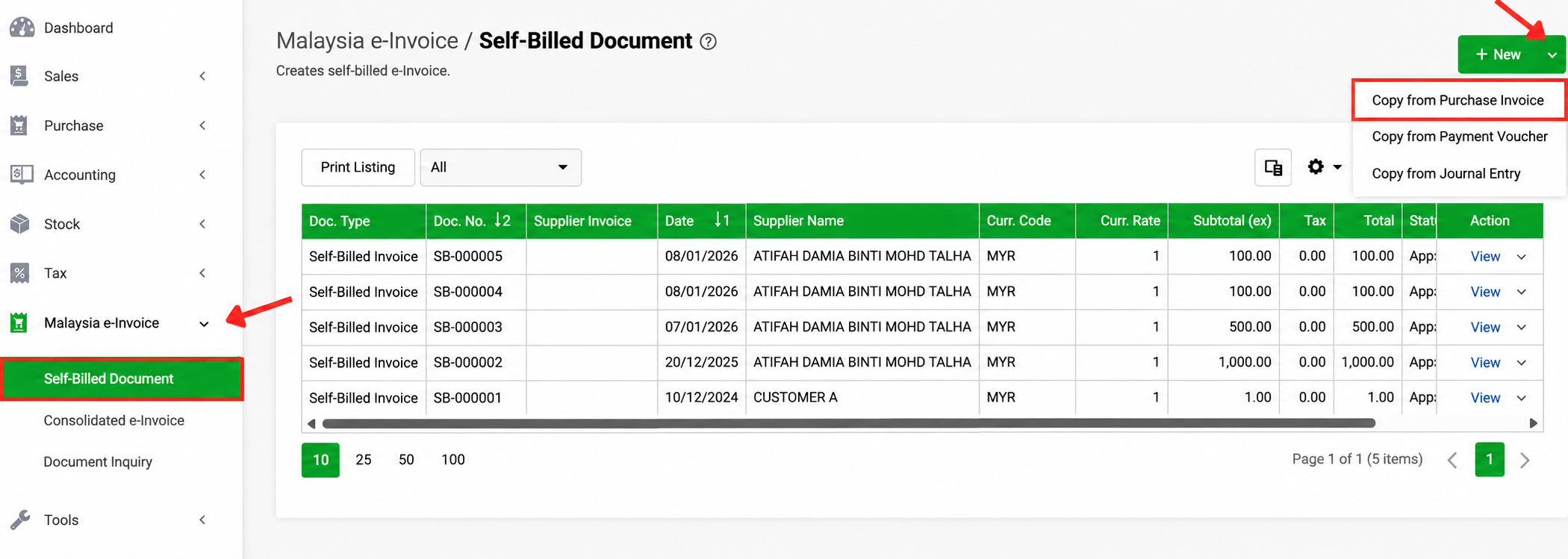 AutoCount Cloud Accounting Self-Billed Document page showing options to copy from Purchase Invoice, Payment Voucher, or Journal Entry.