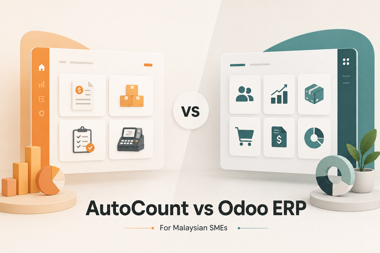 AutoCount vs Odoo ERP comparison image for Malaysian SMEs with accounting inventory billing POS and ERP module icons