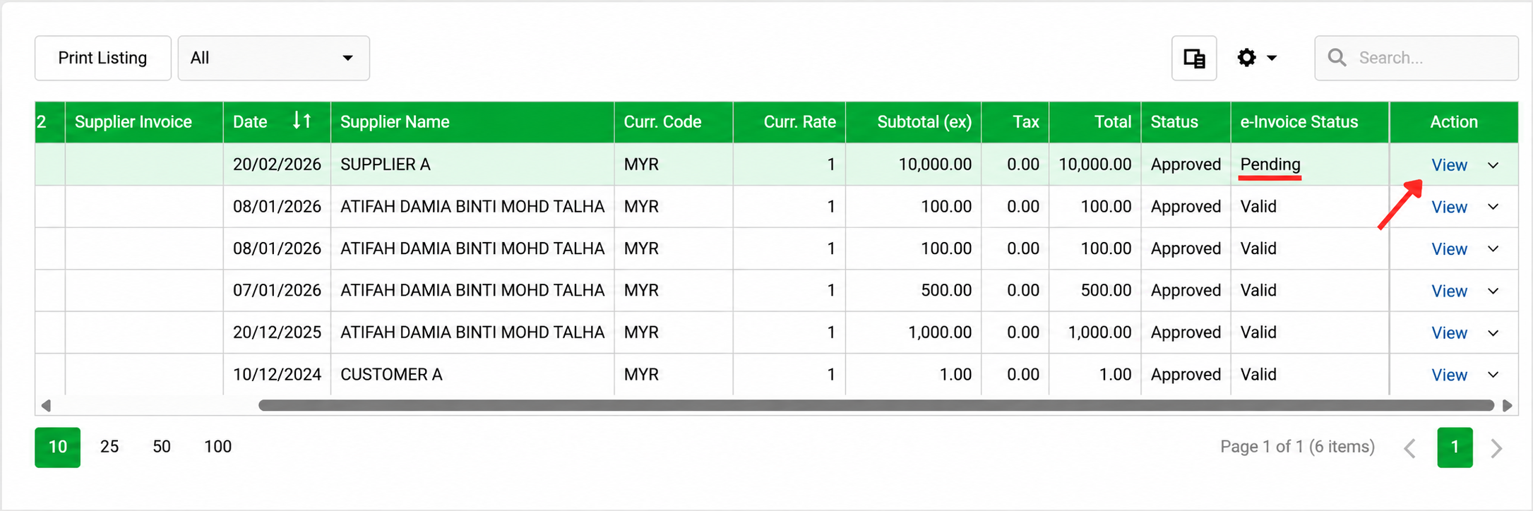 AutoCount Cloud Accounting Self-Billed Document list showing an approved self-billed invoice with e-Invoice status pending and the View option.
