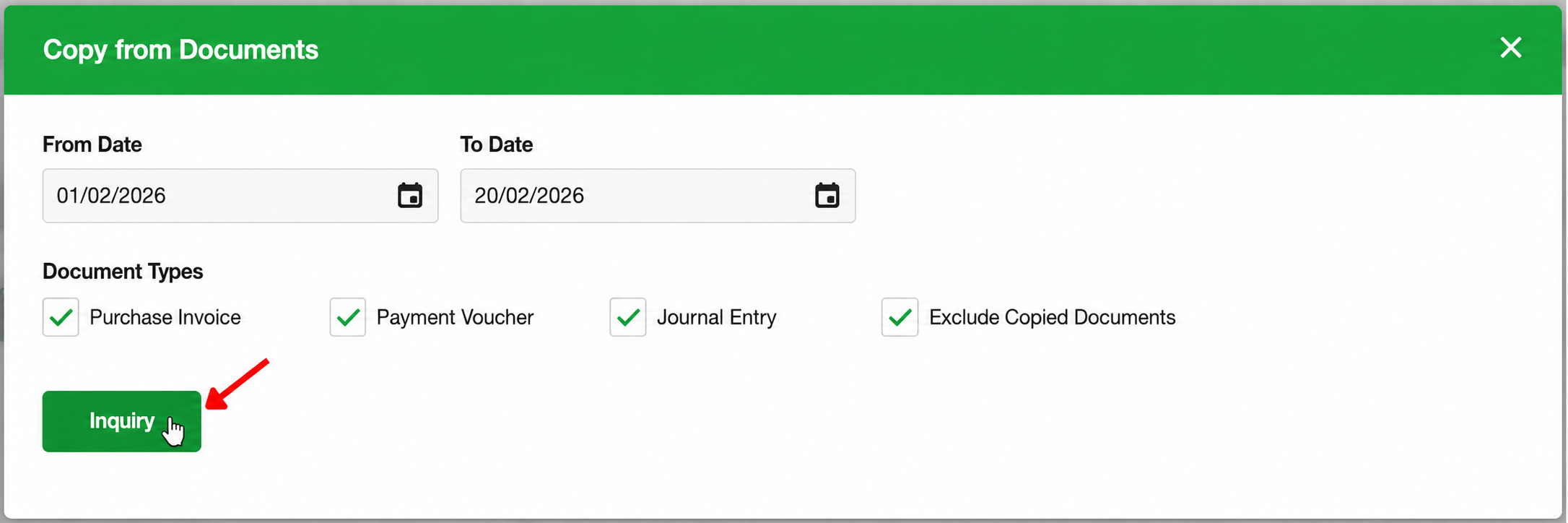 AutoCount Cloud Accounting Copy from Documents window showing date filters and document type options for Purchase Invoice, Payment Voucher, and Journal Entry before clicking Inquiry.