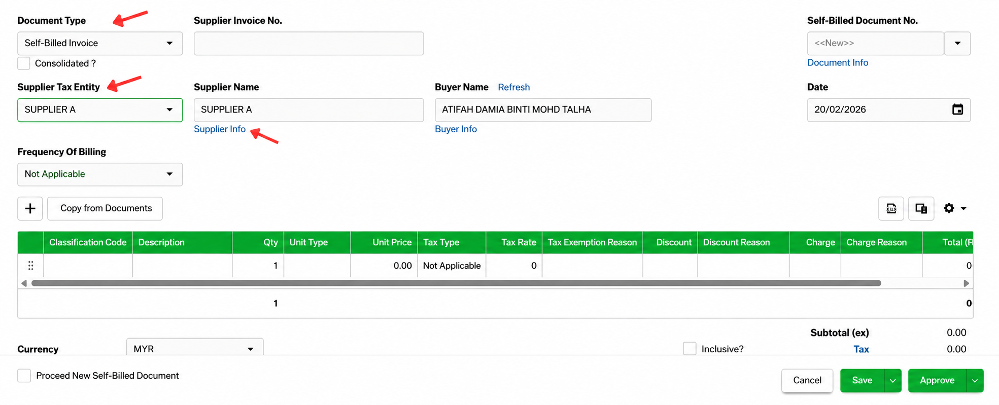 AutoCount Cloud Accounting Self-Billed Invoice form showing Document Type, Supplier Tax Entity, Supplier Information, classification details, and Approve button.
