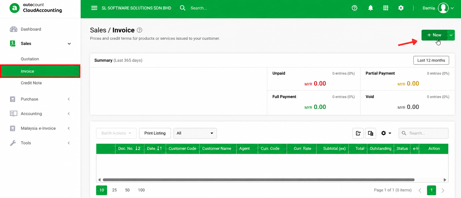 AutoCount Cloud Accounting Sales Invoice page showing the Invoice menu and New button to create an invoice